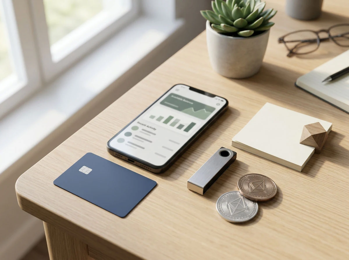 Desk with a bank card, mobile banking screen and generic cryptocurrency symbols