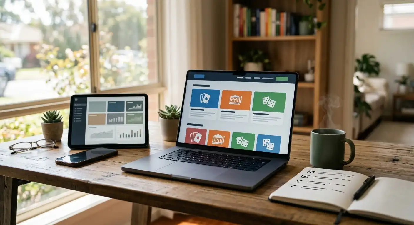 Laptop and tablet showing a generic casino browsing workspace beside handwritten notes