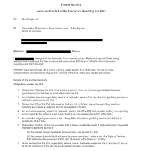 ACMA formal warning page naming NovaForge Ltd and Mafia Casino