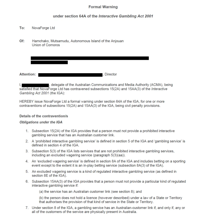 ACMA formal warning page naming NovaForge Ltd and Mafia Casino