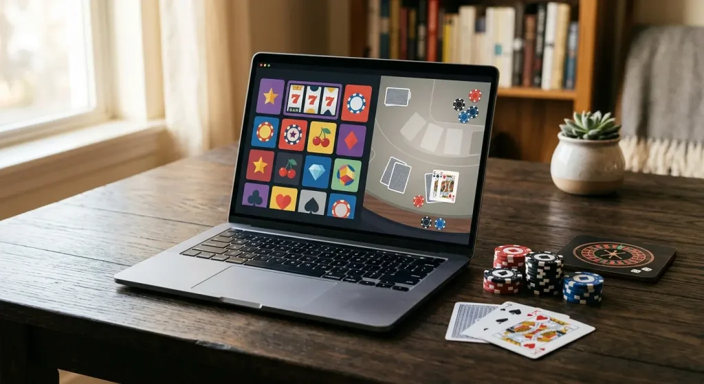 Laptop showing abstract slot tiles beside a live table layout and playing cards
