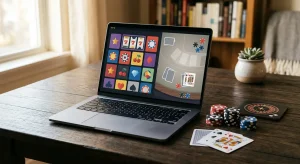 Laptop showing abstract slot tiles beside a live table layout and playing cards