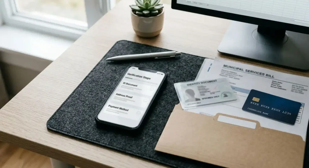 Phone beside identity documents, address paperwork and a bank card on a desk