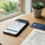 Phone beside a bank card and generic digital wallet symbols on a desk