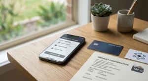 Phone beside a bank card and generic digital wallet symbols on a desk