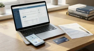 Laptop and phone beside a bank card, transfer form and generic cryptocurrency symbols