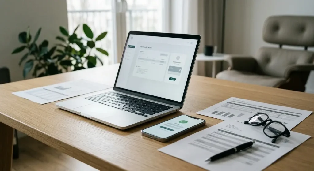 Laptop beside payment documents and a phone showing a generic transfer review screen
