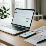 Laptop beside payment documents and a phone showing a generic transfer review screen