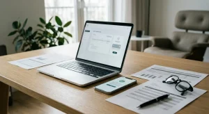 Laptop beside payment documents and a phone showing a generic transfer review screen